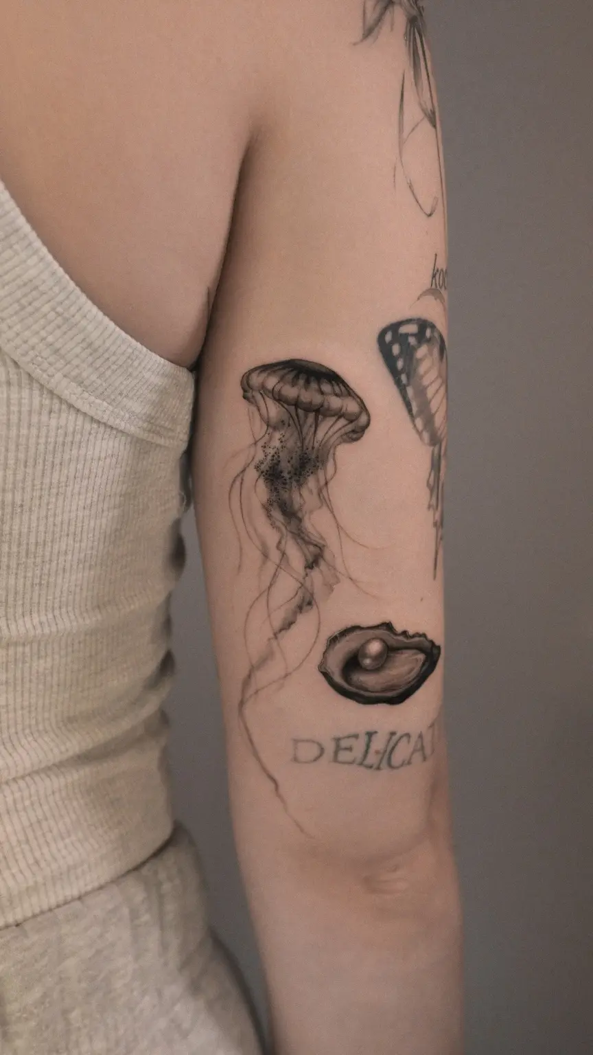 Fine line jellyfish and pearl tattoo on the upper arm