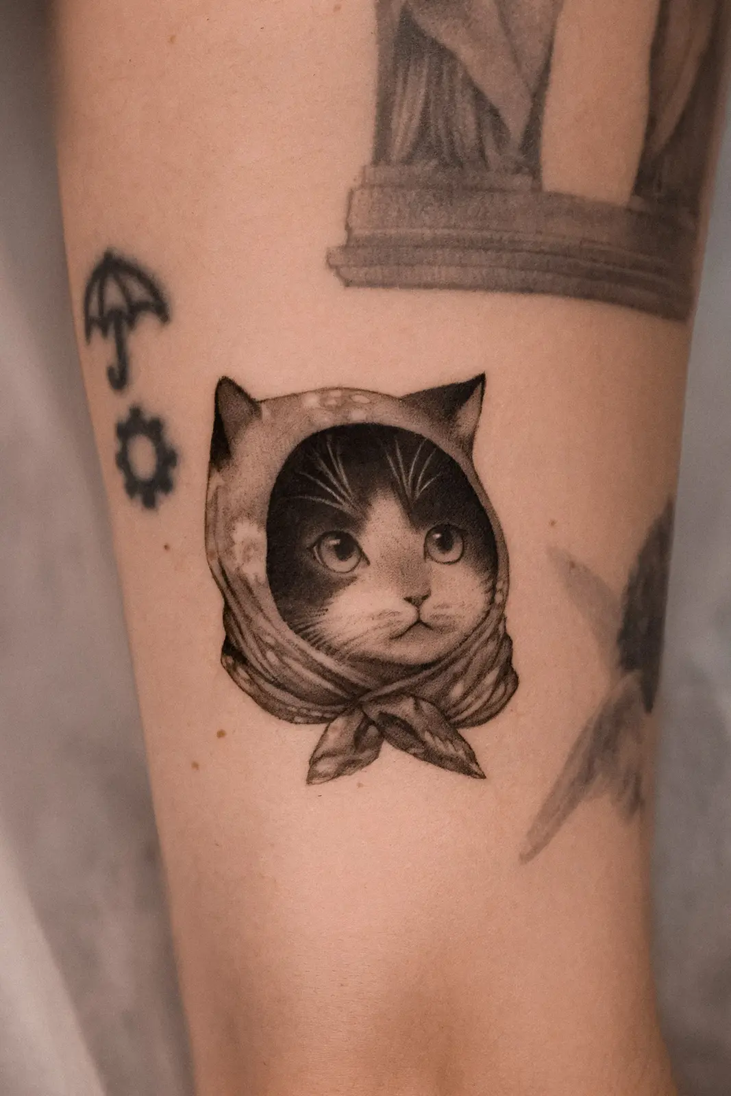 Microrealistic cat portrait wearing a scarf