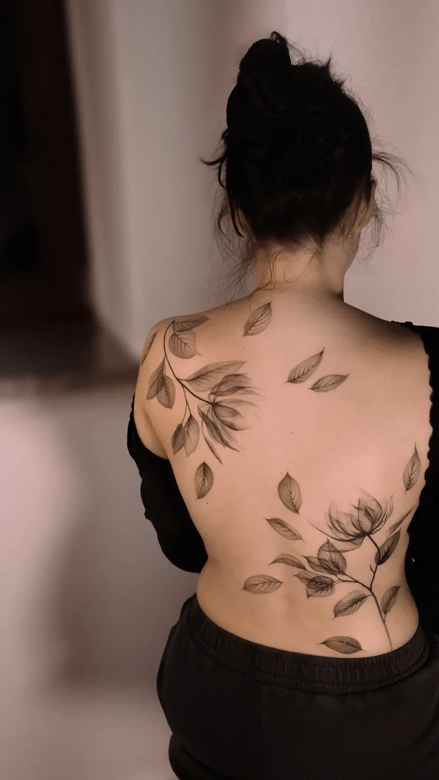 Fine line botanical composition across the back