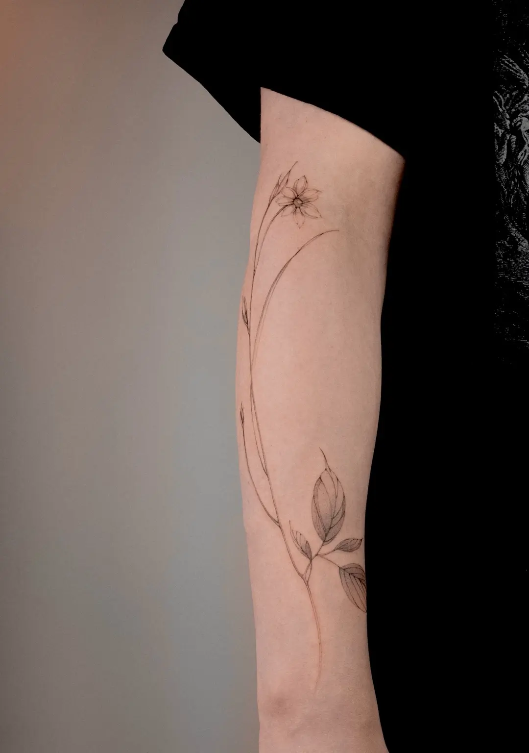 Long fine line botanical tattoo flowing along the arm