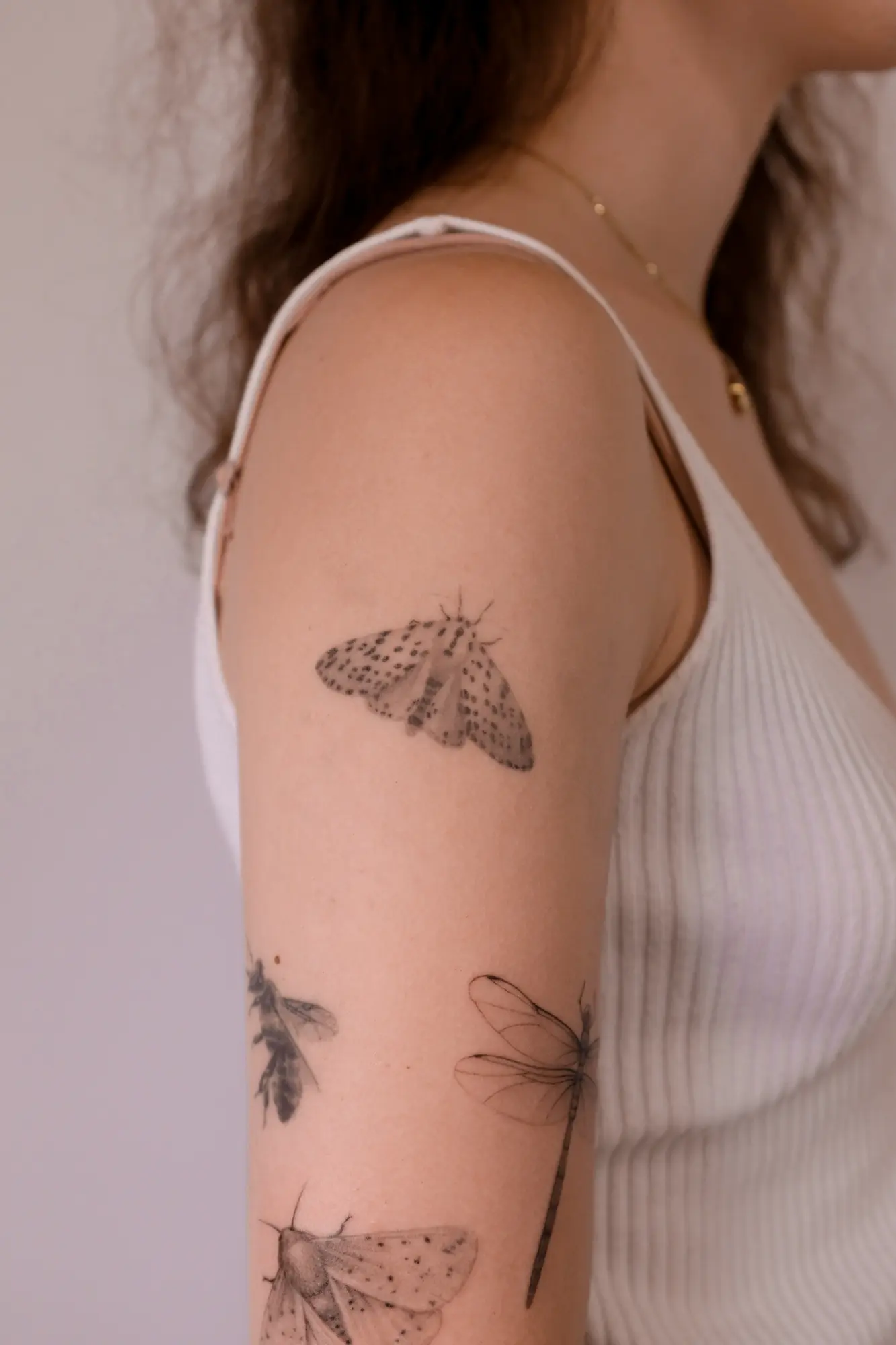 Fine line moth tattoo on the upper arm