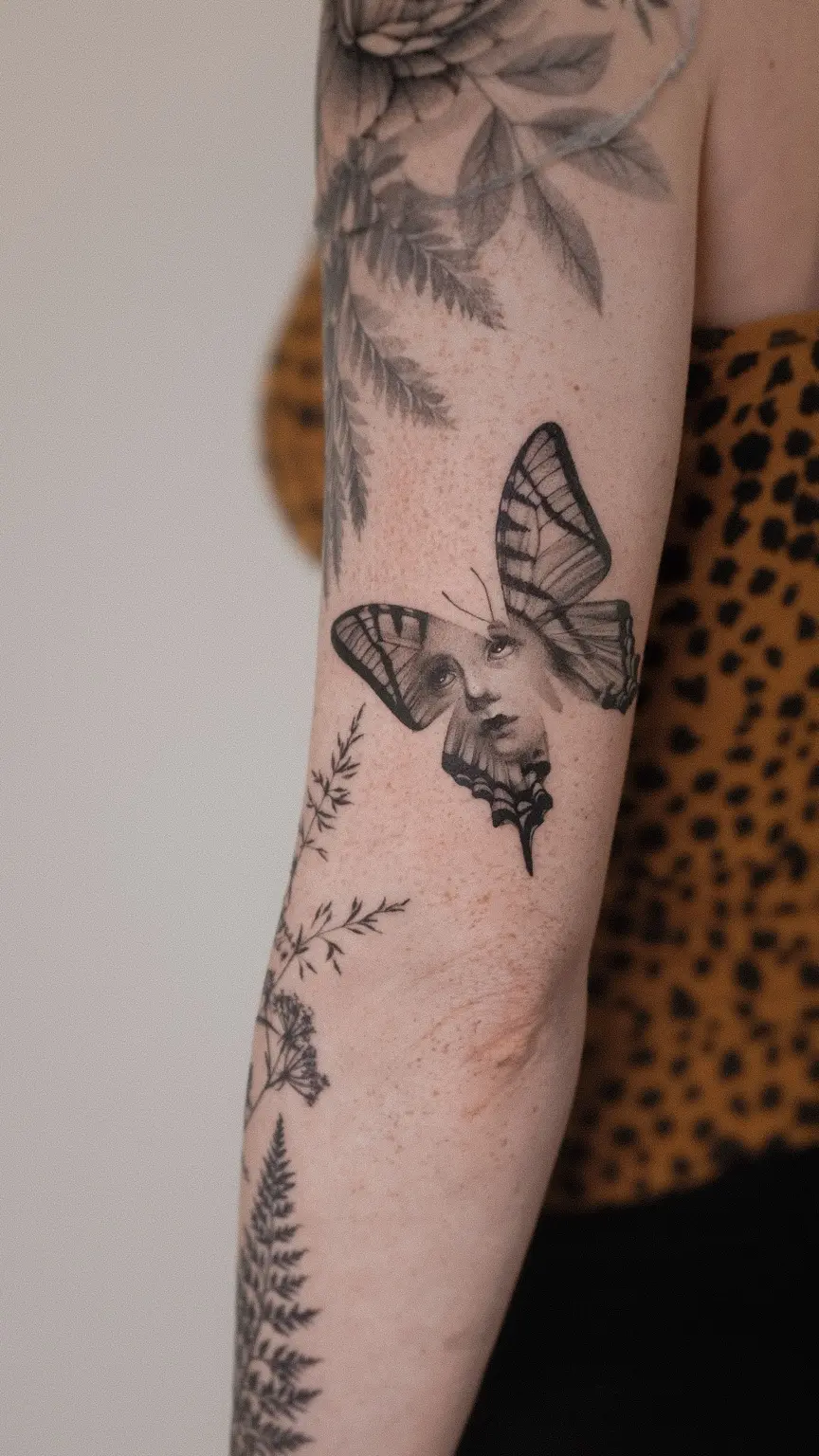 Botanical butterfly and portrait tattoo on the forearm